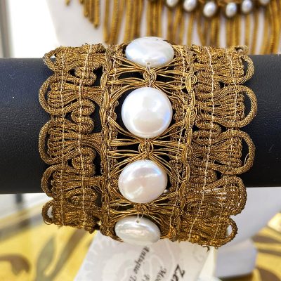 Gold cuff with white coin pearls bracelet